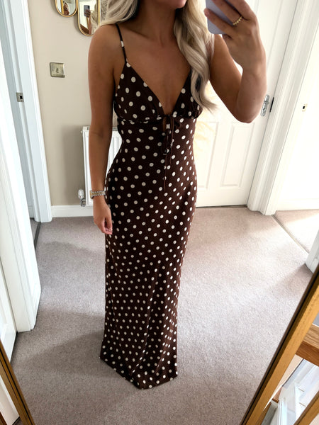 Brown Polka Dot Cut Out Back Maxi Dress