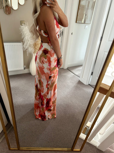 Watercolour Satin Cut Out Back Maxi Dress