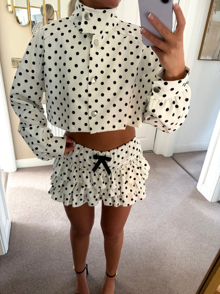 White Polka Dot Cropped Jacket and Ruffle Skirt Set