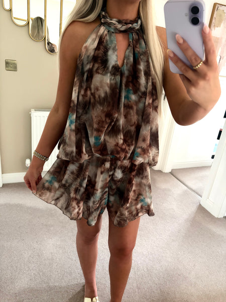 Brown Tie Dye Chiffon Halterneck Playsuit