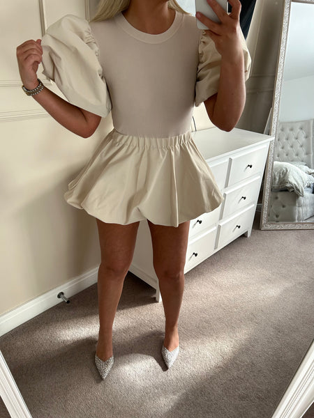 Beige Puffball Ribbed Mini Dress