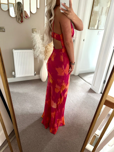 Fuchsia Satin Cut Out Back Maxi Dress