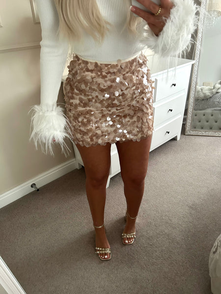 Beige Sequin Mini Skirt