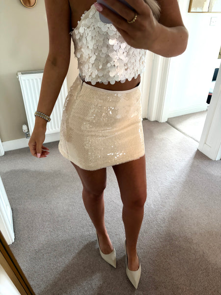 Cream Sequin Mini Skirt