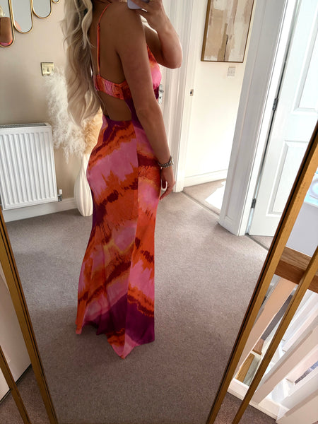 Pink Satin Abstract Cut Out Back Maxi Dress