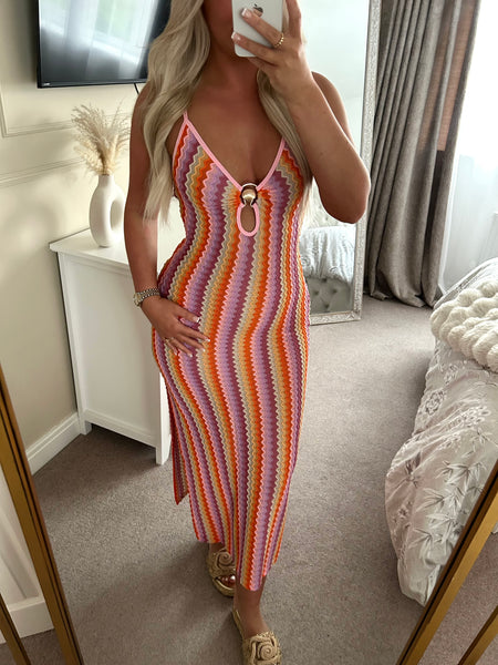 Pink Zig Zag Golden Ring Cut Out Dress