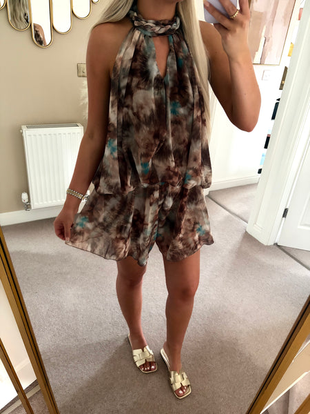 Brown Tie Dye Chiffon Halterneck Playsuit