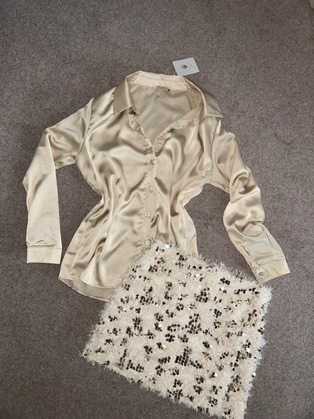 Beige Satin Button Blouse