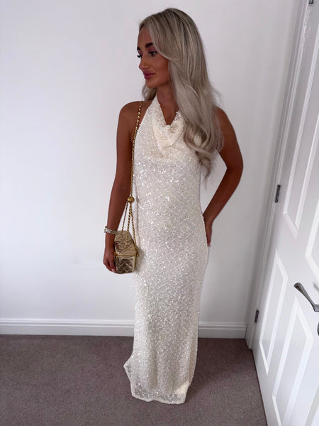Cream Knit Sequin Halterneck Open Back Maxi Dress