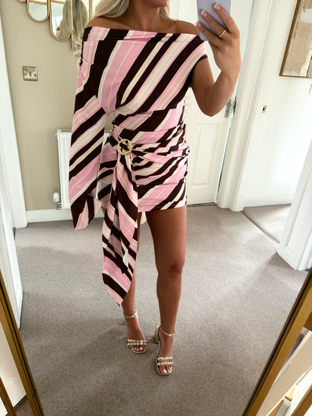 Pink Striped One Sleeve Drape Mini Dress
