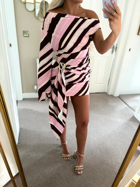 Pink Striped One Sleeve Drape Mini Dress