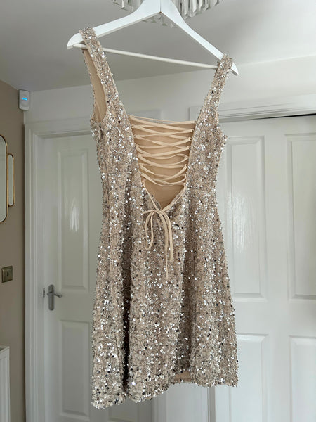 Beige Sliver Sequin Lace Back Dress