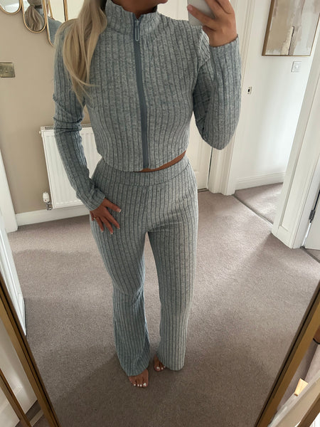 Blue Zip Front Rib Top And Flare Trouser Set