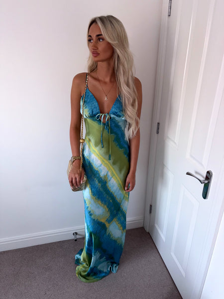 Blue Satin Abstract Cut Out Back Maxi Dress