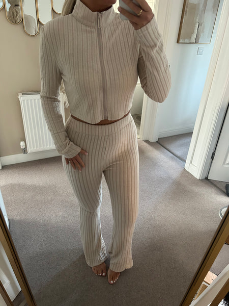 Beige Zip Front Rib Top And Flare Trouser Set