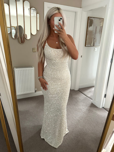Cream Sequin Long Maxi Dress