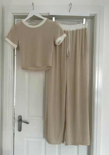 Beige Contrast Ribbed Top And Flare Trouser Set