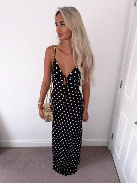 Black Polka Dot Cut Out Back Maxi Dress