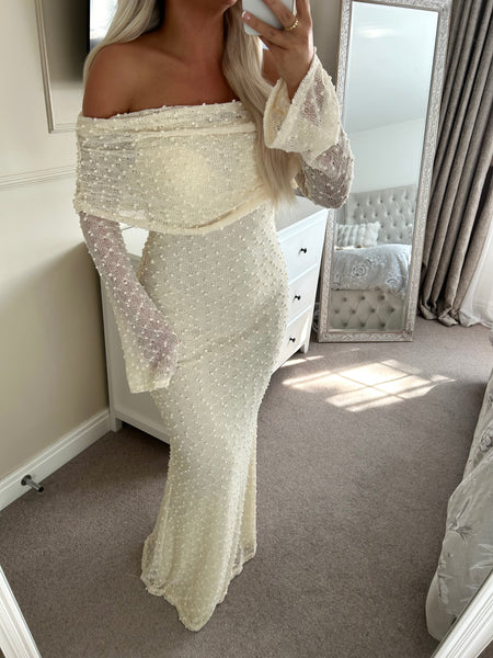 Cream Knit Long Bardot Maxi Dress