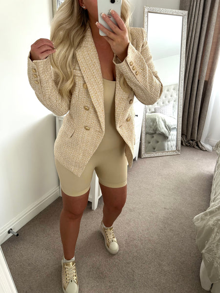 Beige Metallic Tweed Double Button Blazer