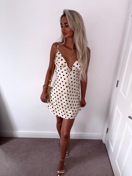 Beige Polka Dot Cut Out Back Mini Dress