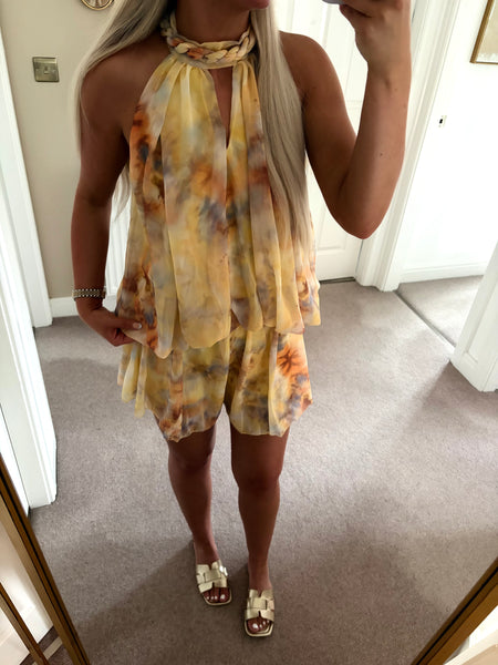 Yellow Tie Dye Chiffon Halterneck Playsuit