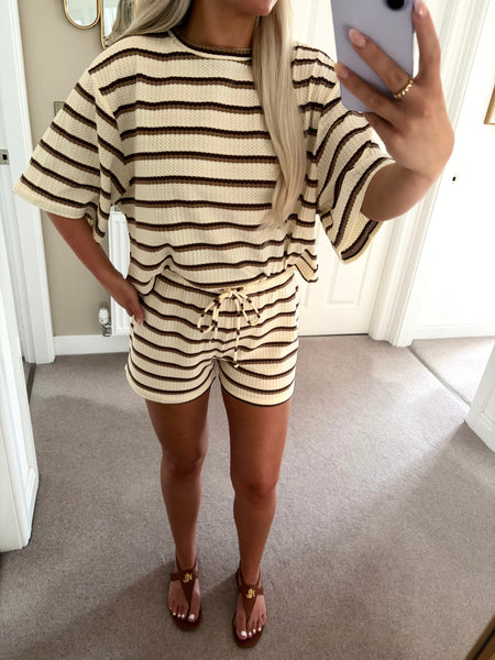 Cream Stripe T-shirt & Shorts Two Piece Set