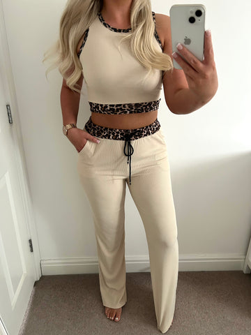 Beige Crop Top & Wide Leg Trouser Set