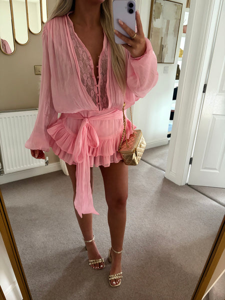 Pink Lace Satin Blouse Dress