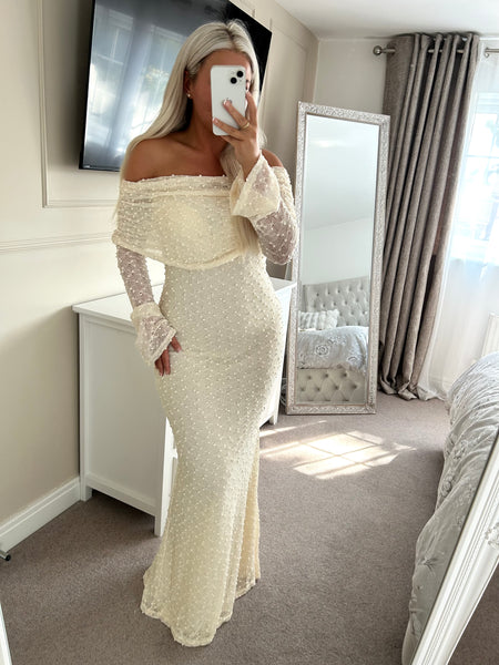 Cream Knit Long Bardot Maxi Dress