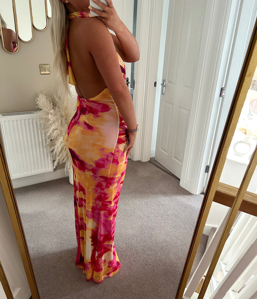 Fuchsia Tie Dye Halter Neck Maxi Dress