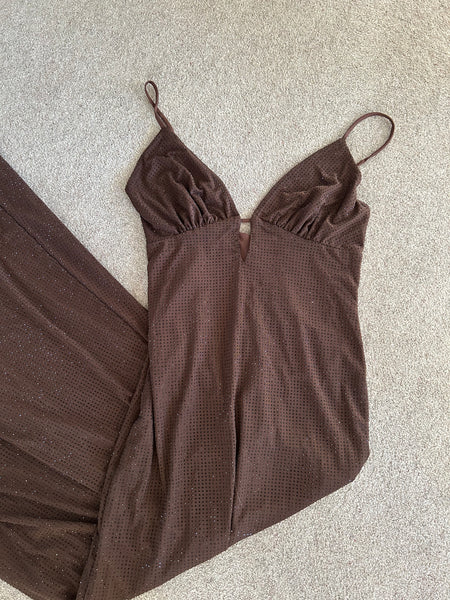 Brown Embellished Plunge Neck Maxi Dress