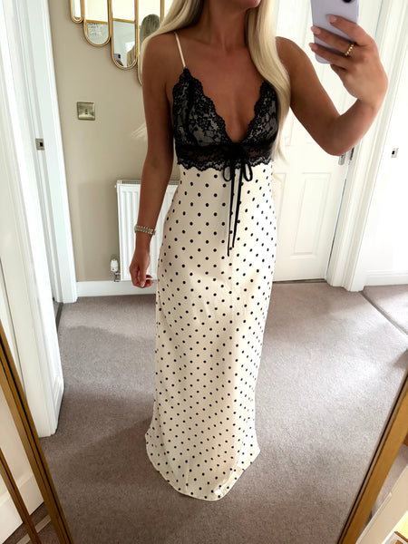 Beige Lace Detail Polka Dot Maxi Dress