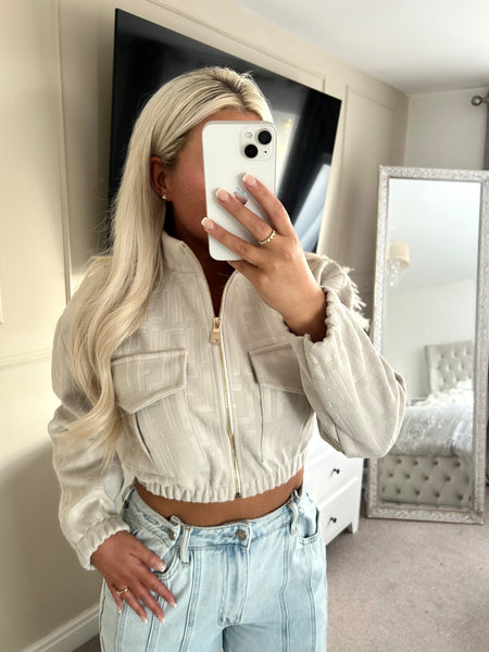 Beige Embossed Cropped Faux Suede Bomber Jacket
