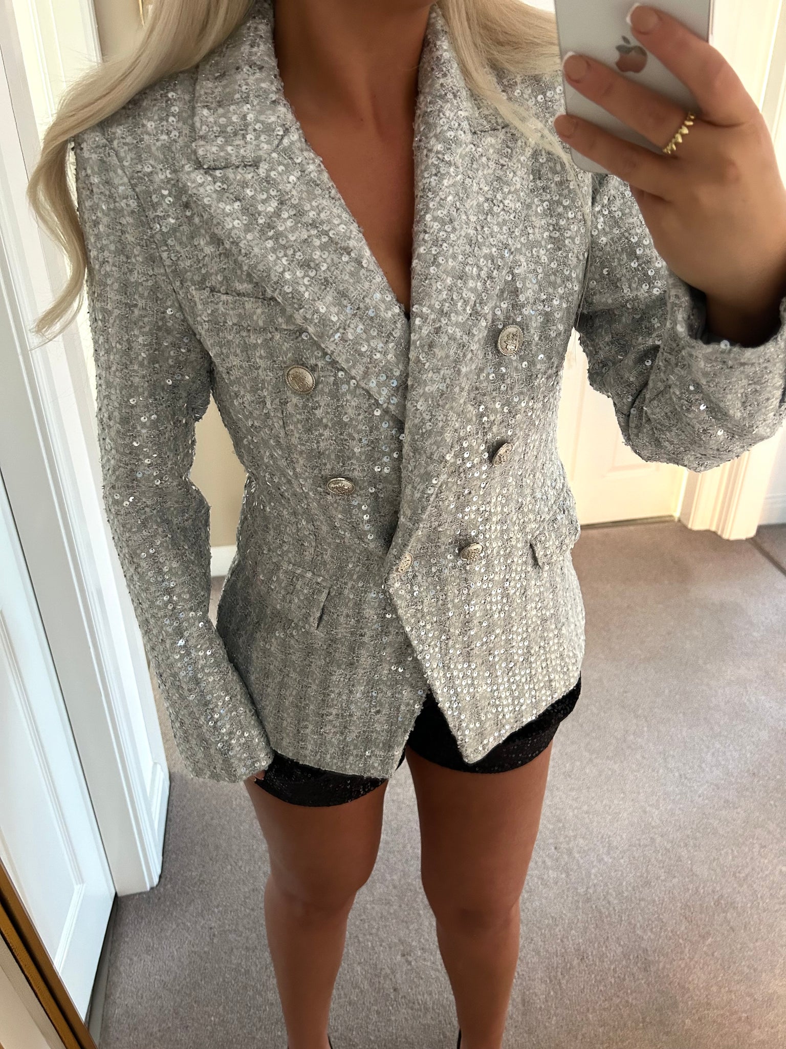 Grey Sequin Double Breasted Blazer