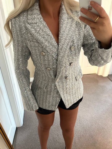Grey Sequin Double Breasted Blazer