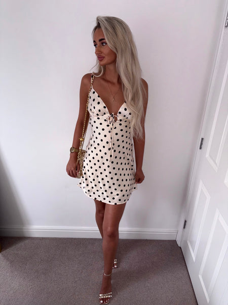 Beige Polka Dot Cut Out Back Mini Dress