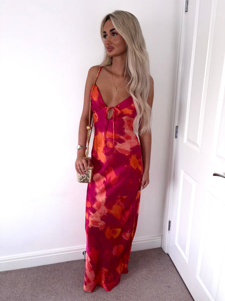 Fuchsia Satin Cut Out Back Maxi Dress