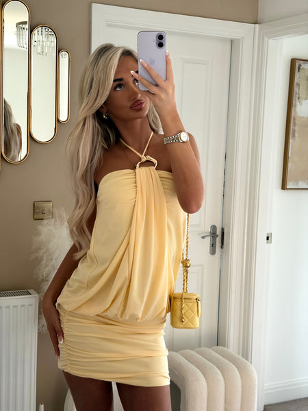 Yellow Draped Gold-Ring Halter Bodycon Mini Dress