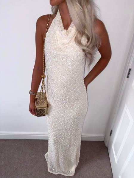 Cream Knit Sequin Halterneck Open Back Maxi Dress