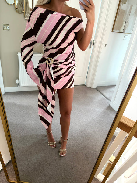 Pink Striped One Sleeve Drape Mini Dress