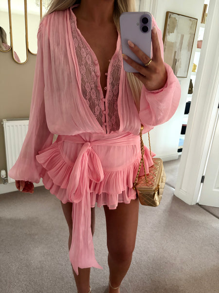 Pink Lace Satin Blouse Dress