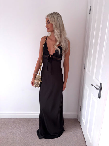 Black Lace Satin Long Maxi Dress