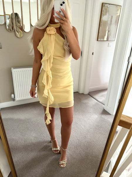 Yellow Chiffon Rosette Drape Mini Dress