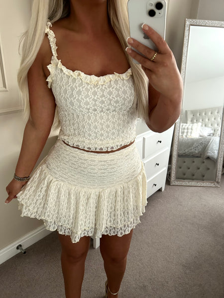 Cream Ruffle Top And Skort Set