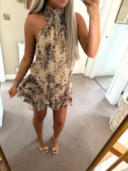 Leopard Halter Neck Ruffle Playsuit