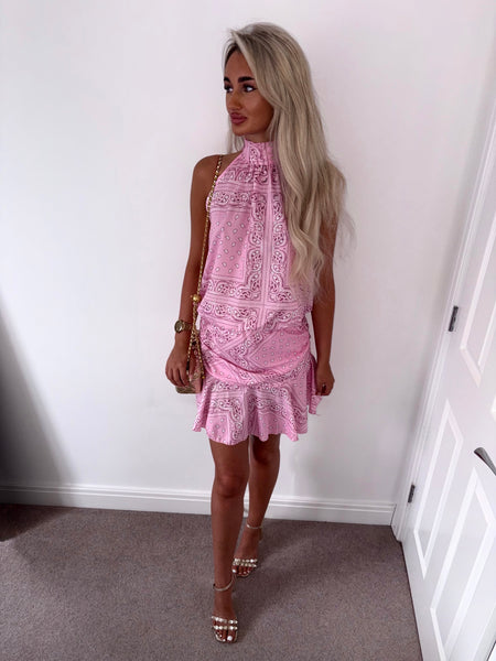 Pink Scarf Print Halter Blouse and Skirt Set