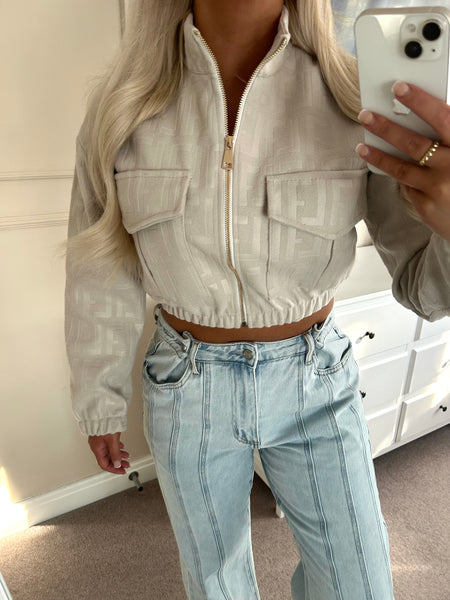 Beige Embossed Cropped Faux Suede Bomber Jacket