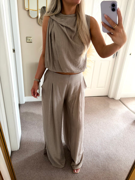 Taupe Balloon Hem Top and Trouser Set