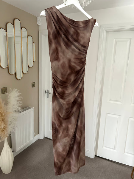Marble Print Asymmetric Shoulder Maxi Dress